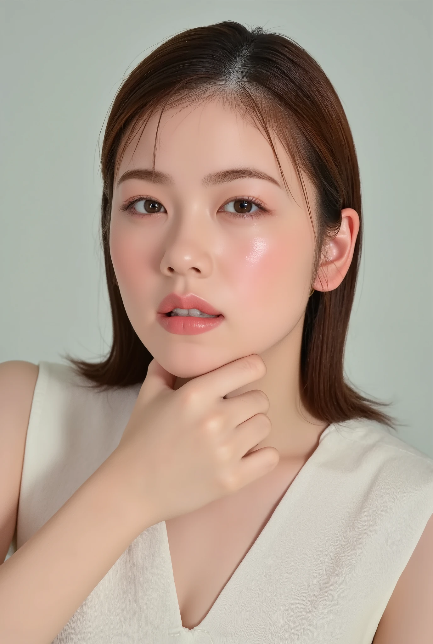 (masterpiece,ultra detailed,Highest quality:1.2),(Perfect beautiful face 1.2),(Perfect and beautiful posture:1.2)(open mouth),(white saliva in open mouth), ((close eyes:0.9)), ((saliva in open mouth:1.2)), Chubby,detailed young skin,(face focus,close up:0.5), Real textured skin, camisole