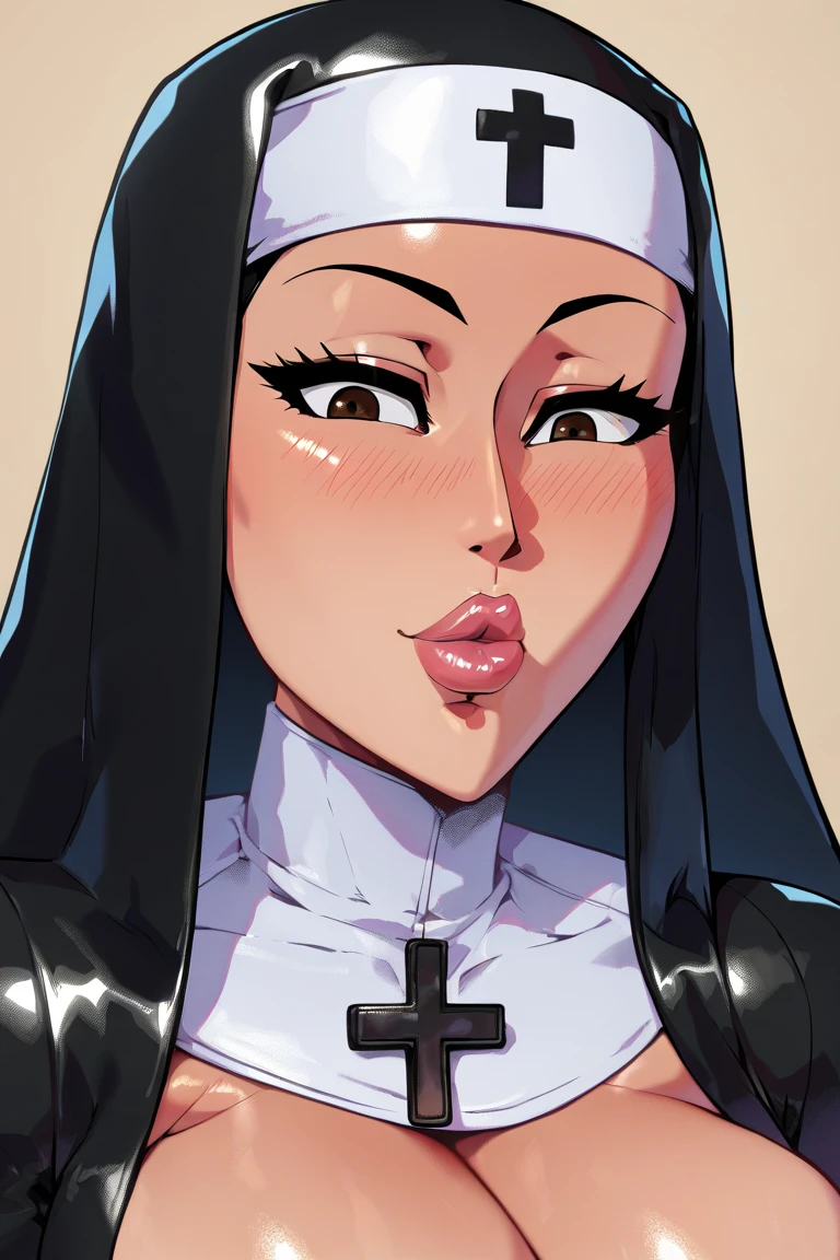 ((Mucha's style)),(vulgar),(portrait),very young body,, Raised ,sexual excitement,erotic lips,(arms behind back:1.2),((addiction to sex))((Medieval fantasy nun)),(sideways glance),pink hair,twin braids,nipple covers,Big erect nipples and areola,(profile:1.2),looking at viewer