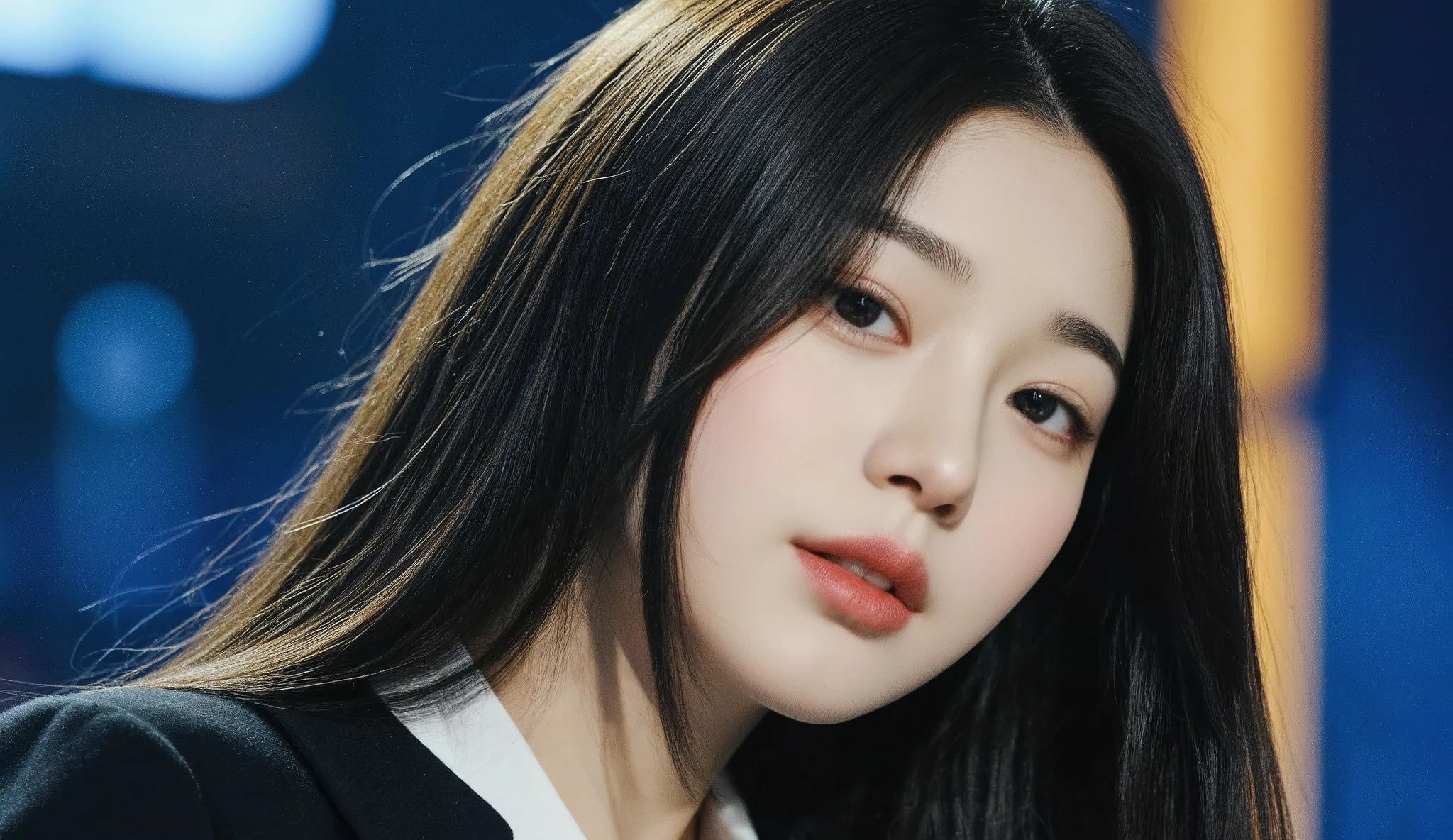 a shoulder-up candid photo of a 20-year-old Korean woman on a real concert stage, photographed with a DSLR, natural lighting, detailed skin texture, soft background blur, minimal or stage makeup, unique facial features, ultra photorealistic, not digital art, not illustration
