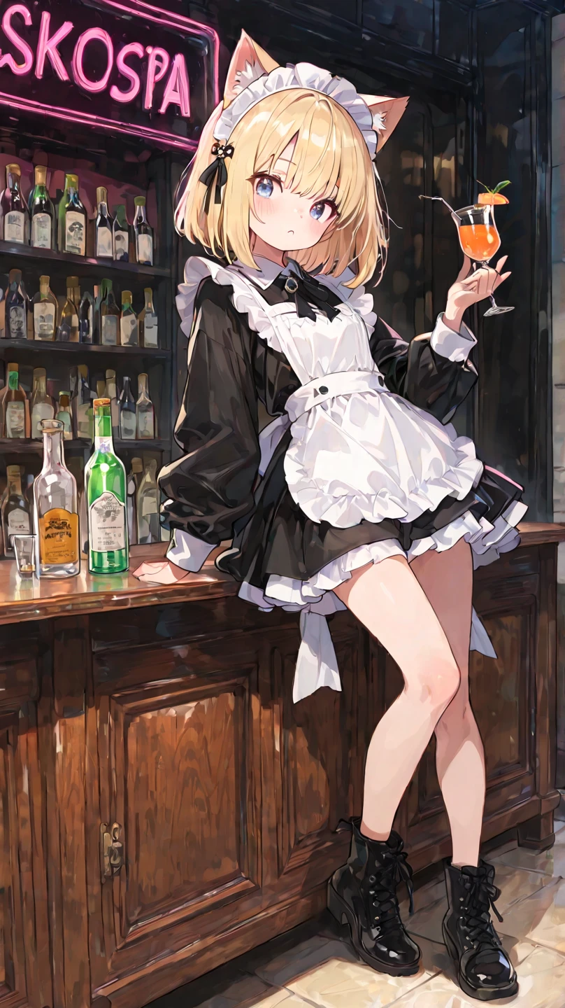 Cute,748cmstyle,,(masterpiece:1.2, top quality), (beautiful detailed eyes: 1.2), ((1 Beautiful Girl)), (beautiful background:1.2), (very detailed CG, Super Detailed),(very detailed and beautiful:1.1), (Perfect Details:1.1), Cat earsバーのStanding next to the counterメイドの女の子がカクテルを飲んでいる (holding a cocktail in hand) Blonde short bob Cat ears hairpin ふわふわKatyusha Midnight lots of colorful bottles in the background 背景には柔らかなindirect lightingと「CAT BAR」のNeon Signが光り Liquor bottles on the desk 温かくAttractiveな雰囲気 has a red face Cat ears Katyusha Maid Outfit indirect lighting Neon Sign cute warm Attractive and laughs mischievously slightly mean expression miniskirt Full Body Standing next to the counter