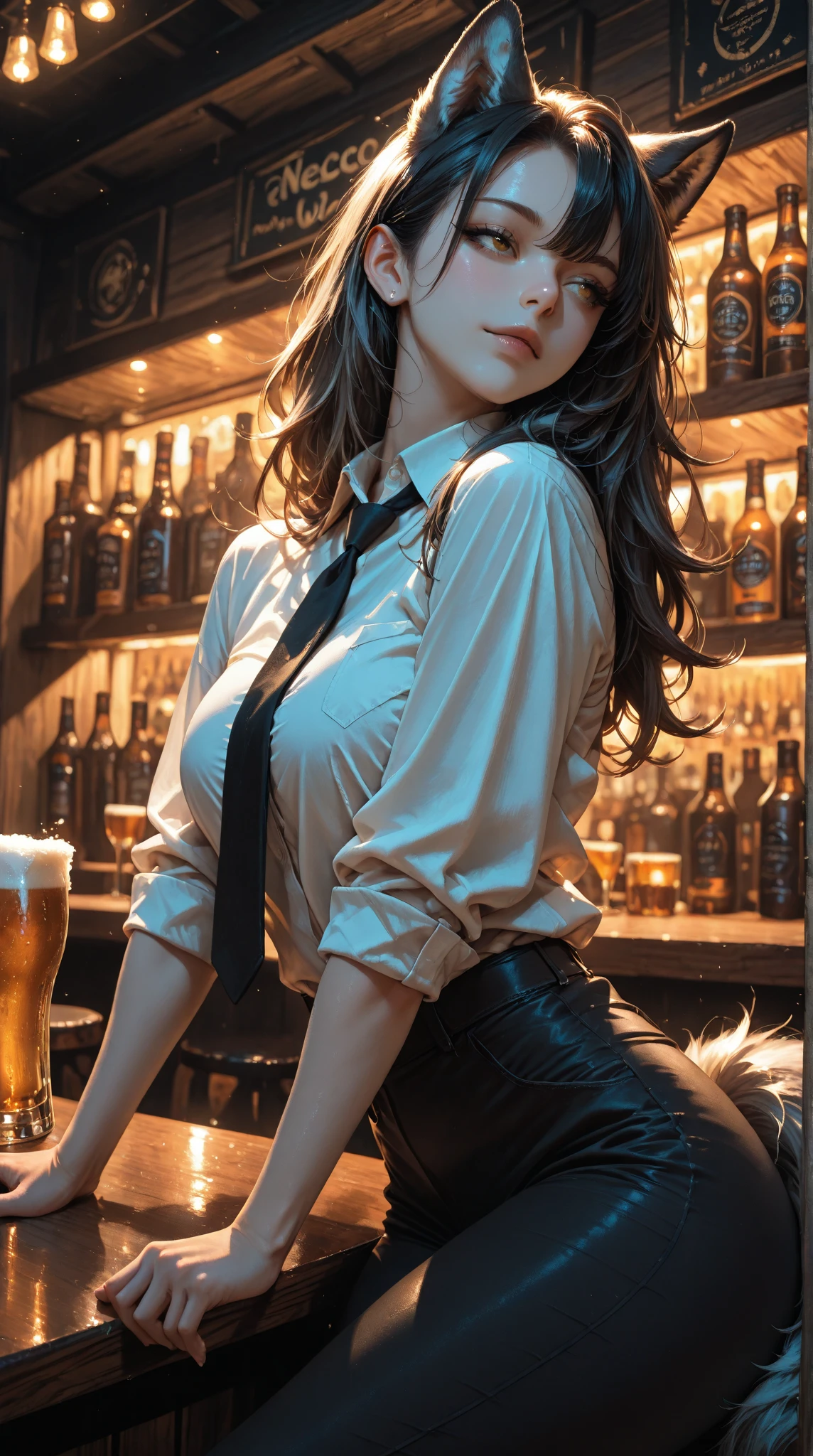 top quality, best quality, High-quality illustrations, masterpiece, super high resolution, detailed background, snow leopard female bartender, (kemono, furry anthro), light fur, medium breasts, sitting on the bar, tight white button shirt, partially unbuttoned, red bow tie, white cotton panties, bar, cocktail, absurdres(highly detailed beautiful face and eyes)perfect anatomy, expression, good lighting, cinematic shadow, assorted happy poses, dynamic angle,sfw