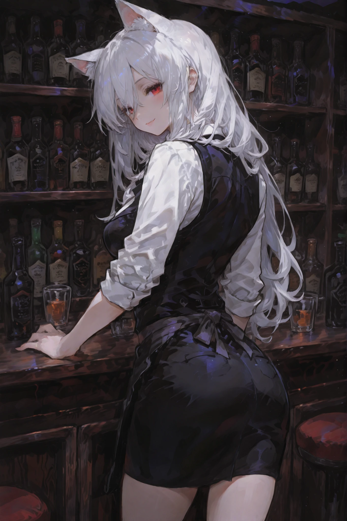 8k Resolution、((top quality))、((masterpiece))、((Super Detailed))、charming bartender with cat ears and a smile, bartender clothes , I'm standing inside a bar counter、 Mystical Night.The bar of、features a modern design, Soft Writing, back shelf lined with bottles. anime style, Depressed Illumination, Night atmosphere, Elegant .