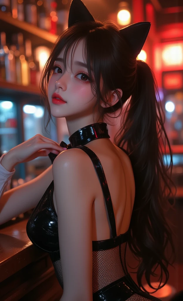 最high quality, masterpiece, 32k、Very detailed、Realistic、1 Girl, Japanese women、K-popアイドル、Rotate your hips and strike a pose、A sloppy smile、Cute face, (photo Actual:1.3),Twin tail hairstyle、Black Hair、Edge lighting, (Skin with attention to detail:1.2), 8K超High resolution, Single-lens reflex camera, high quality, High resolution, 4K, 8K, Optimal ratio of four fingers to one thumb, (Actual:1.3), cute 1 Girl, Realistic、Super Realistic、32k、Very detailed、masterpiece, 最high quality, beautiful girl, beauty、Gorgeous girl, Big Breasts、Big Ass, Tight waist, Spread your legs, Plenty of facial detail, Futuristic sexy costume, A wide variety of costume colors and variations、Black Mask、cyber punk, Yellow very long hair, City of the Future, hologram, Neon lighting, Very detailedな, High resolution, masterpiece, high quality, High resolution, Fox Ears,