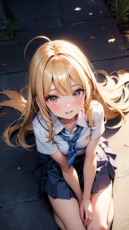 blonde、girl、twin tail hair、get down on all fours、close up of face