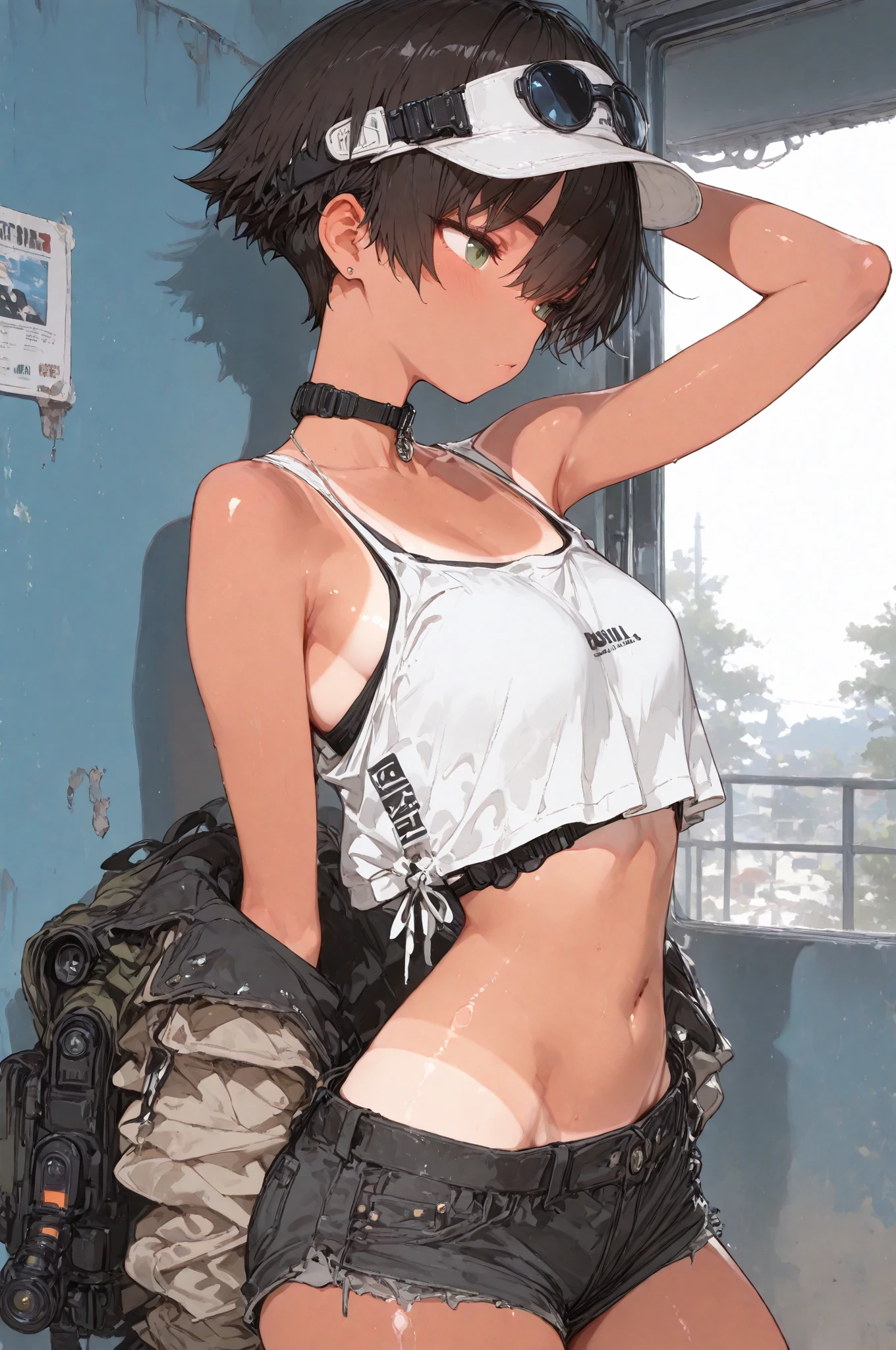 ((masterpiece, best quality)),((highres:1.2)), 1 Girl, solo, Blurred Background, (((Small breasts))), Thighs, (Stripe underwear), Union Jack T-Shirts, nipple, short hair, 