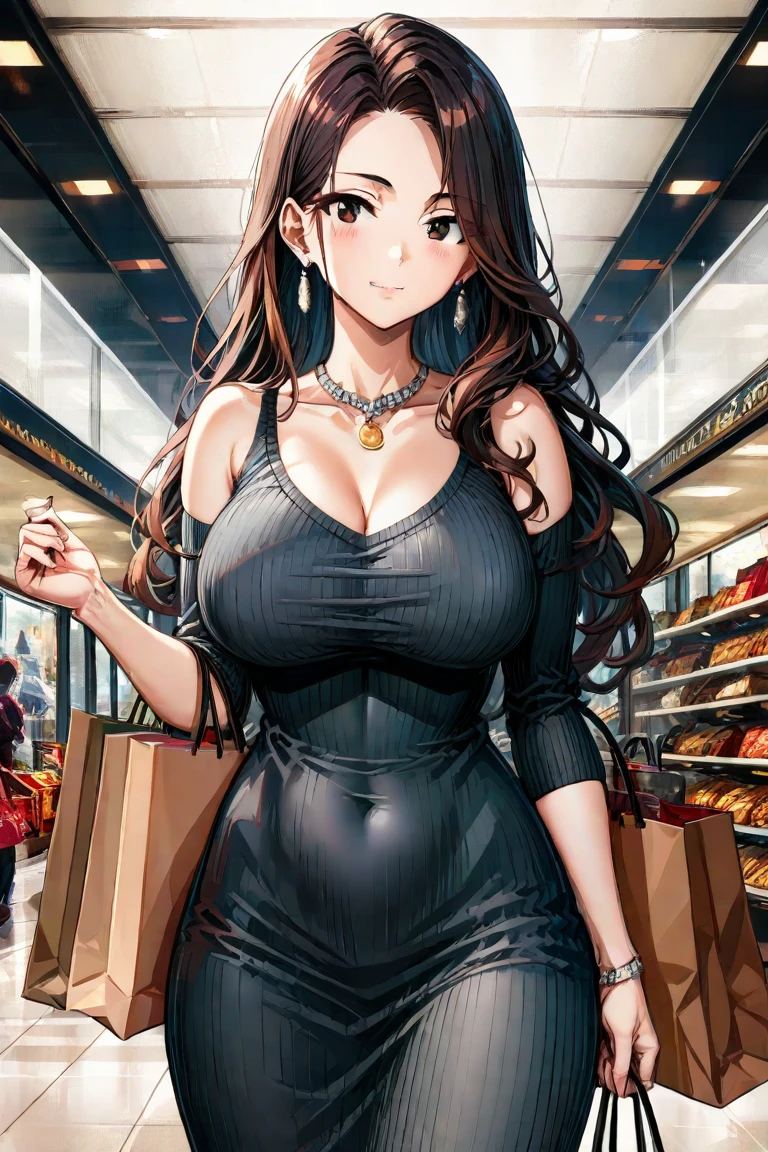 Female 26 years old,housewife,Sunlight,Smile,put on lipstick,Light brown curly hair,Aqua blue suspender skirt,slender figure,huge firm breasts,market shopping,Wearing a watch on the right hand,half moon earrings