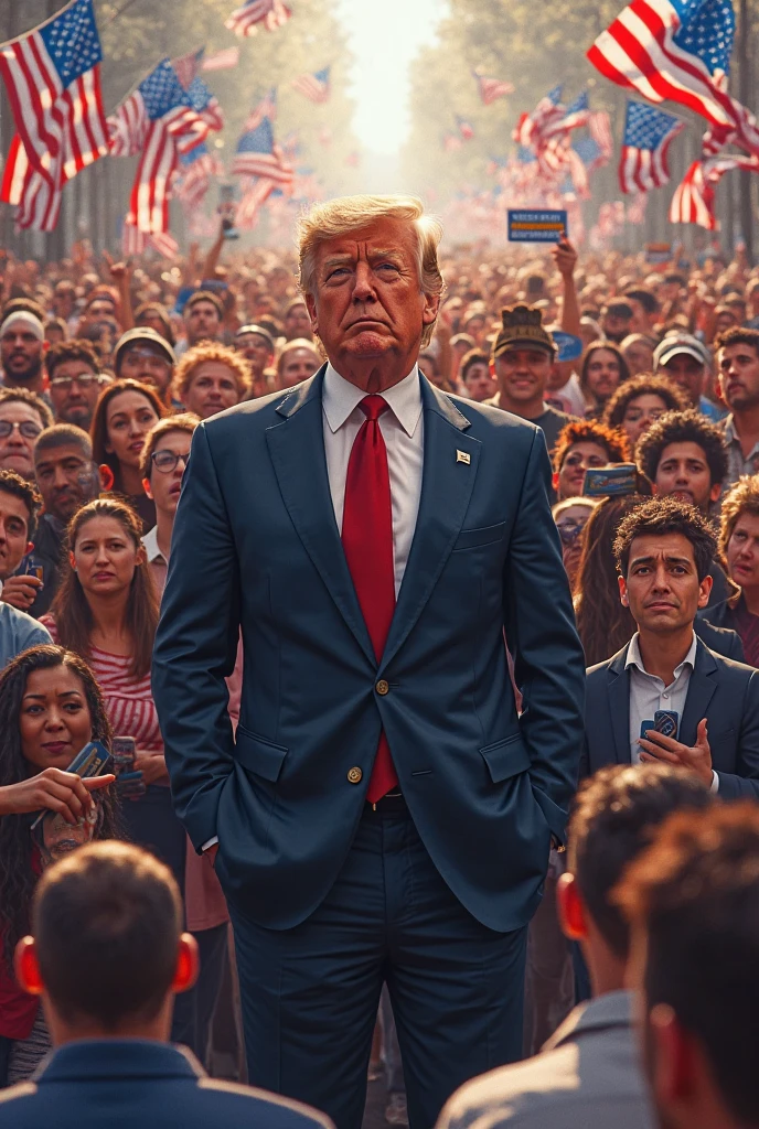 a Bambi, muscular, puffy breast, wearing a black suit, crying with hands on head, sad expression, inside a football stadium, sad to see a coffin with a flag over it highlighted in blue colors, offwhite, rot, black balloons flying in the wind