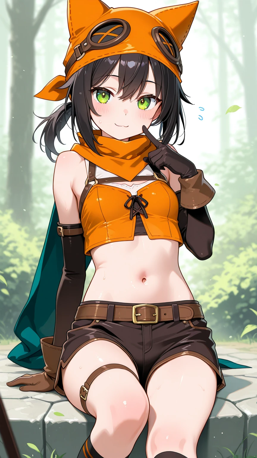 extremely detailed, anime,
(Ellen 18-years-old, short dark layered hair, Brown-eyed, small breast:1.0),
Fantasy rogue outfit, rogue hood, groin