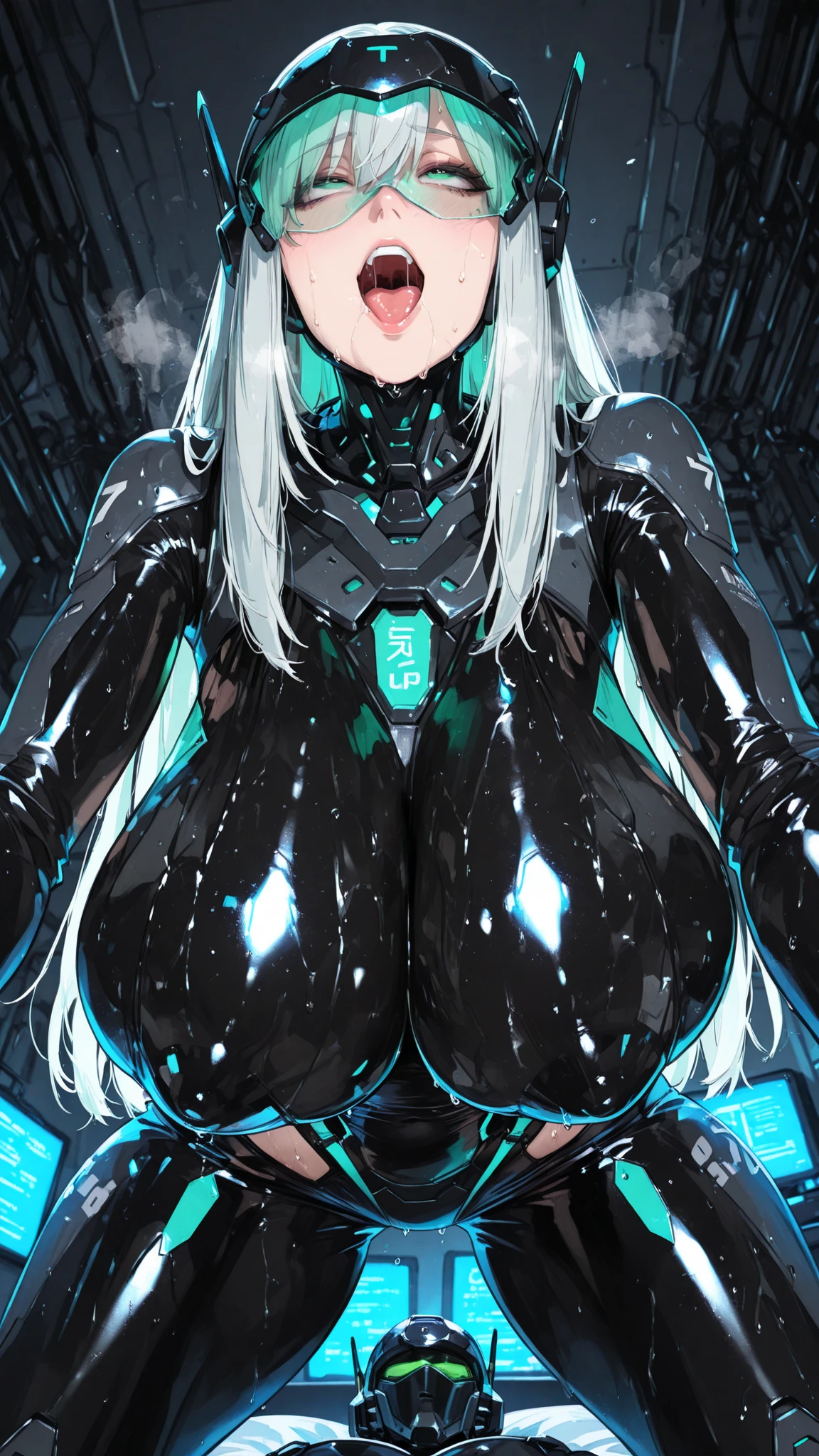 (((best quality))), ((ultra-detailed)), (((masterpiece))), (illustration), ((an extremely delicate and beautiful)), ((super detail)), ((high resolution)), (((nsfw))), ((cybernetic)), (futuristic), fantasy, (seductive), (((erotic))), (((20 years old))), (pussy juice), camel toe, ((((ultra-huge breasts)))), (maid), (android), delicate metal decorations, gleaming skin, shiny body, two legs, ((female masturbation)), soaking wet, breast focus, ((tall)), slender legs, ((big round eyes)), cute eyes, drooping eyes, very light makeup, biopunk, (dark cybernetic and futuristic background), ((adult)), in stasis tank, right hand on the clitoris and left hand on the breast and no other hands are exist, two hands, in suspicious broken laboratory, electrical shining line on the body, (open legs), five fingers, no extra hands, seductive smile, single side braid, shoulder length hair, ((slender)), (elderly), slime suit, slime girl, melting,