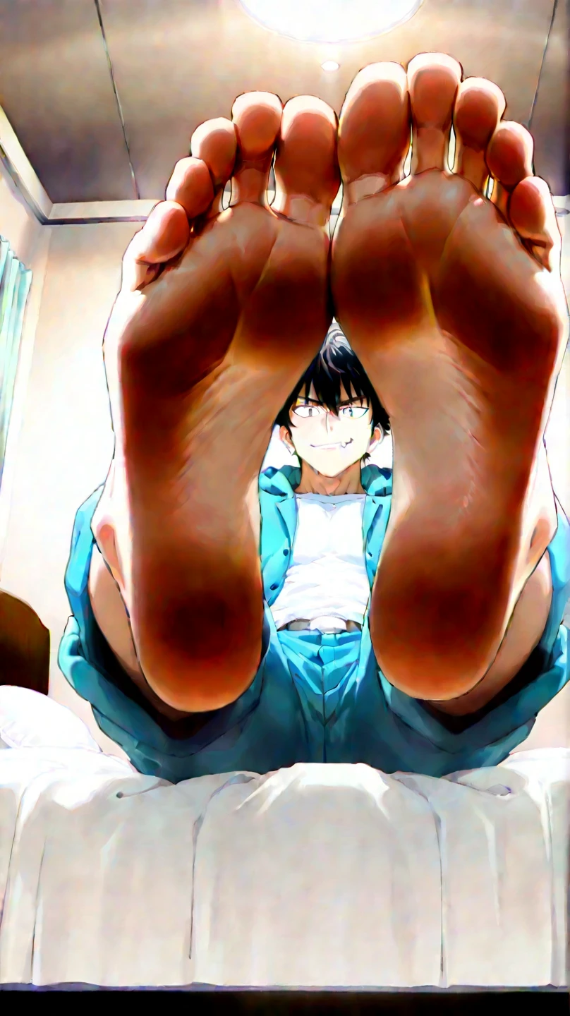 anime, One boy, Handa Shinichi, Brown Hair, Brown eyes, stop temporarily,Composition looking up from below、please sit down、A plastic bottle next to、Tired face、No background、(Master Parts:1.2, Highest quality), alone, Sitting, Show off your legs, Showing legs,showing alone, Natural materials,Face close-up,smile, Troubled face,Point your foot at the camera,Shorts, uniform,juvenile, Detailed face, Correct anatomy of the foot, Foot Anatomy, Sexy legs,Sweaty,Water Drop, Feet pointing towards the viewer, Detailed feet, Correct anatomy of the foot,animeの絵