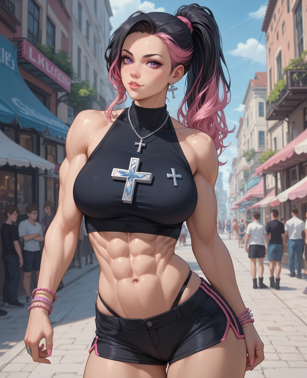 ingrid,large breasts,erected nipples,mature female, (dark-skinned female:1.2), dark skin, determined, pink red hair, ponytail,Soft tendril hair, hair intakes, makeup, lipstick, (mole under mouth:0.8), eyelashes, yellow eyes,(sports bra top:1.2),(low-rise damaged short denim pant:1.3),no panties,(sweat gleaming skin:1.1), outdoors,sunlight, spotlight effect,bright sky, blue sky with clouds,strong wind, (colosseum),(highres, high quality:1.1), intricate details, cinematic lighting, 1girl,(cool beauty),(metal collar),(dynamic fighting pose:1.2),dynamic angle,
