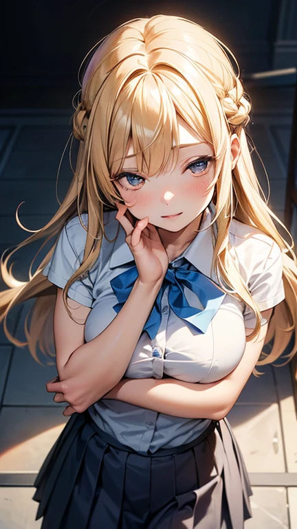quality、Image Quality、Masterpiece、girl with((18 years old、Short sleeve sailor suit without sports bra、Short blue skirt、best bust、Bust 85、a blonde、Long hairlue eyes、Open your mind、Happineslack wristband on the wrist、A slender one、shy face、earrings、on all fours,Get closer to the audience、action of pulling up hair、Dye your cheeks、The wind is blowing))高quality、visual art、Love movie style、background with((After-school classroom))、on the table、