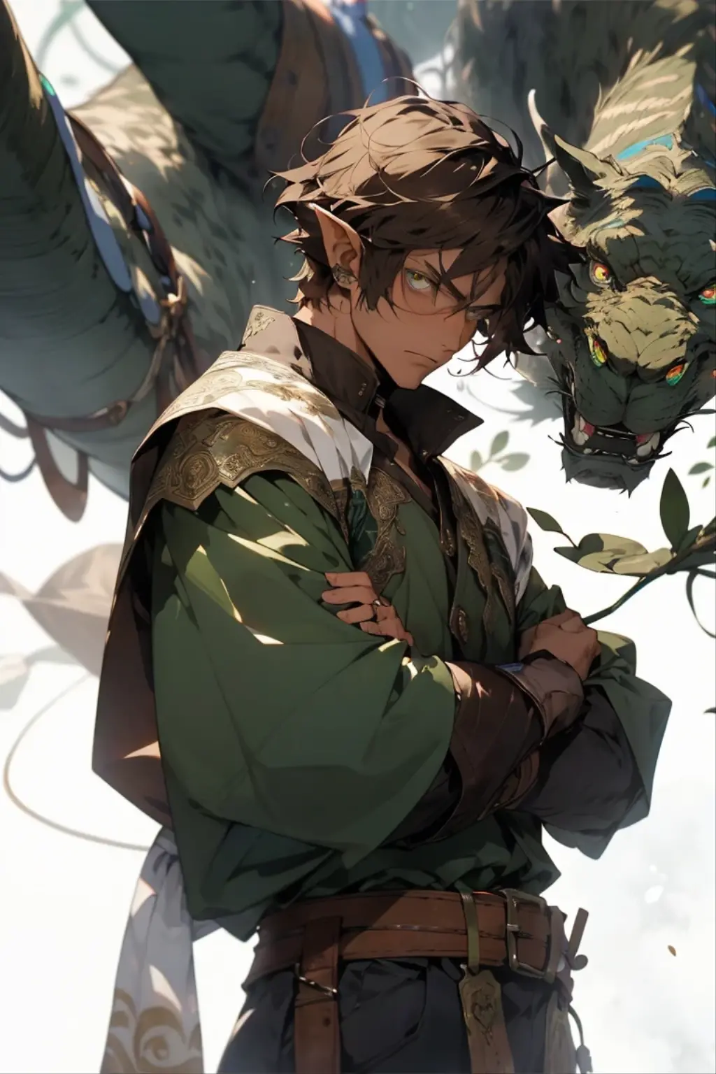 (((Leprechaun))) realisitic, (master part, top-quality, best qualityer, offcial art, Beauty and Aesthetics: 1.2), very detailled, Fractal Art, fullcolor,More Detailed, tangle, (abstract background: 1.5) (age 28), naughty man, brown long hair, (glare eyes), uncanny, (magie), ((nervous guy)) ELFO ,twinkling ,archerqueen , Clothes of an ELF Monk, a forest warrior, male elf ranger, a male elf, a male elf
