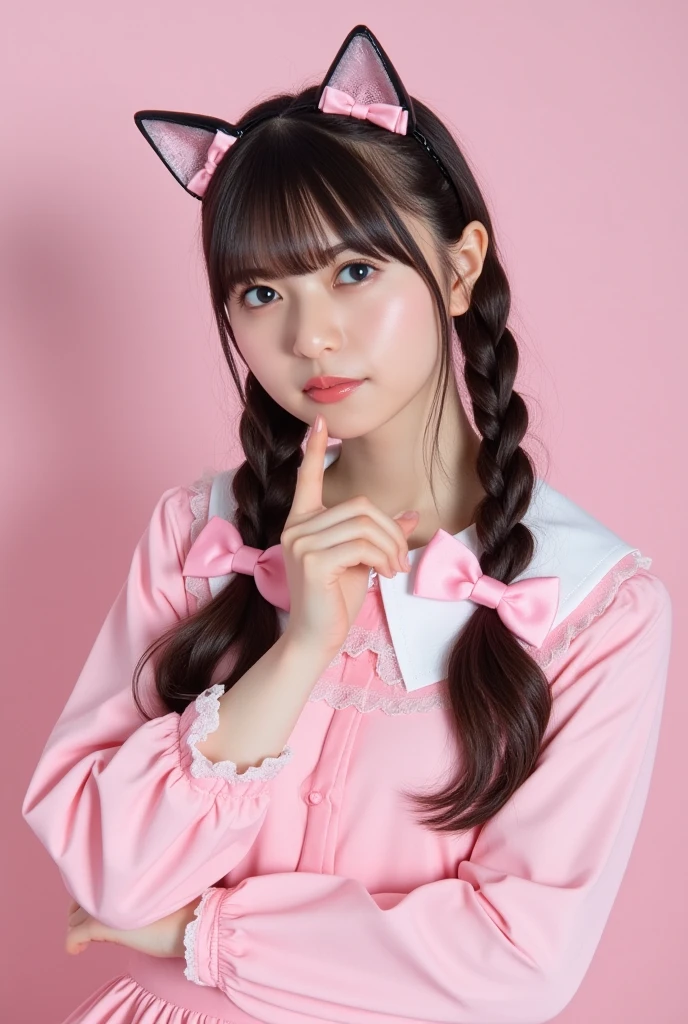 Cat ear,Twin tails,An illustration,icon,Pink ribbon,Holding a baby bottle,