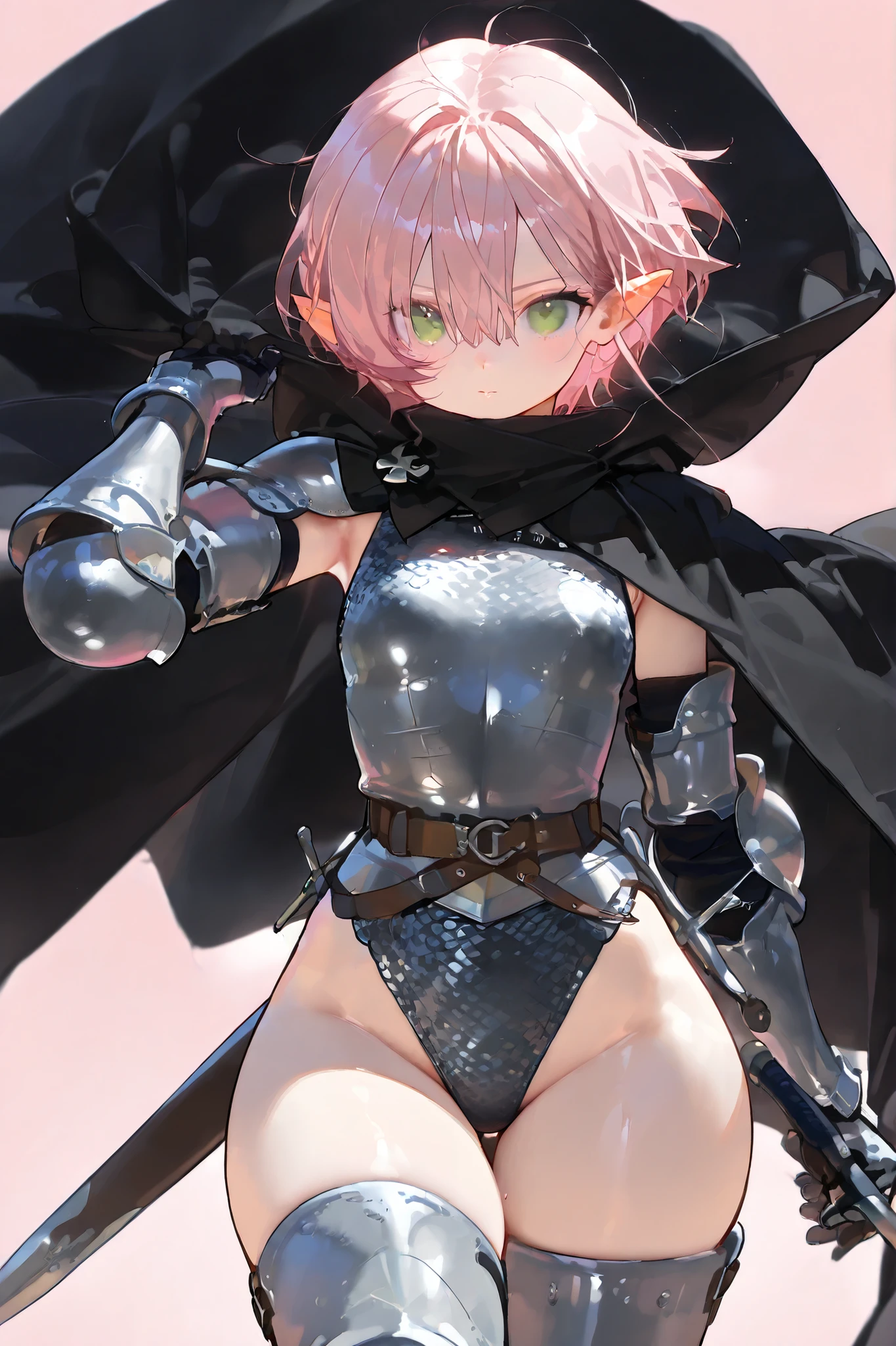 (masterpiece, best quality, high detailed, 8k, 32k, uhd:1.2) masterpiece), (best quality), highly detailed, beautiful Masterpiece、最 high quality 、 high quality 、 so aesthetic, absurd, latest, 1 female、 Chainmail leotard, leotard is shiny and metallic 、 、 pink hair、 messy spiky hair、 short hair, beautiful eyes、 Wide hips 、 Protruding thighs, Green eyes、 Small breasts 、 medieval Sword、 has a weapon 、 Light Pink Background 、 simple background 、 Masterpiece, upper body、 High Details, elf ears, spiky hair, , high definition, detailed eyes, gauntlets, greaves, black cloak,