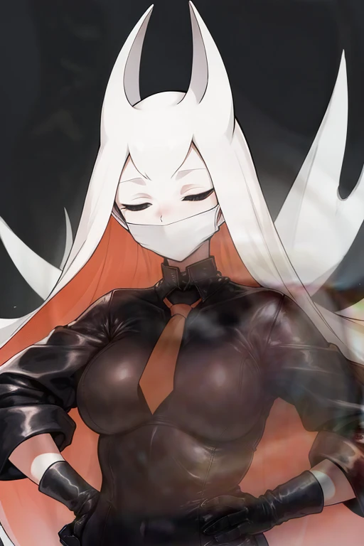 upper body, hornet, 1girl, solo, mask, closed eyes, simple background, (black skin:1.2), red capelet, turtleneck, hands on hips
