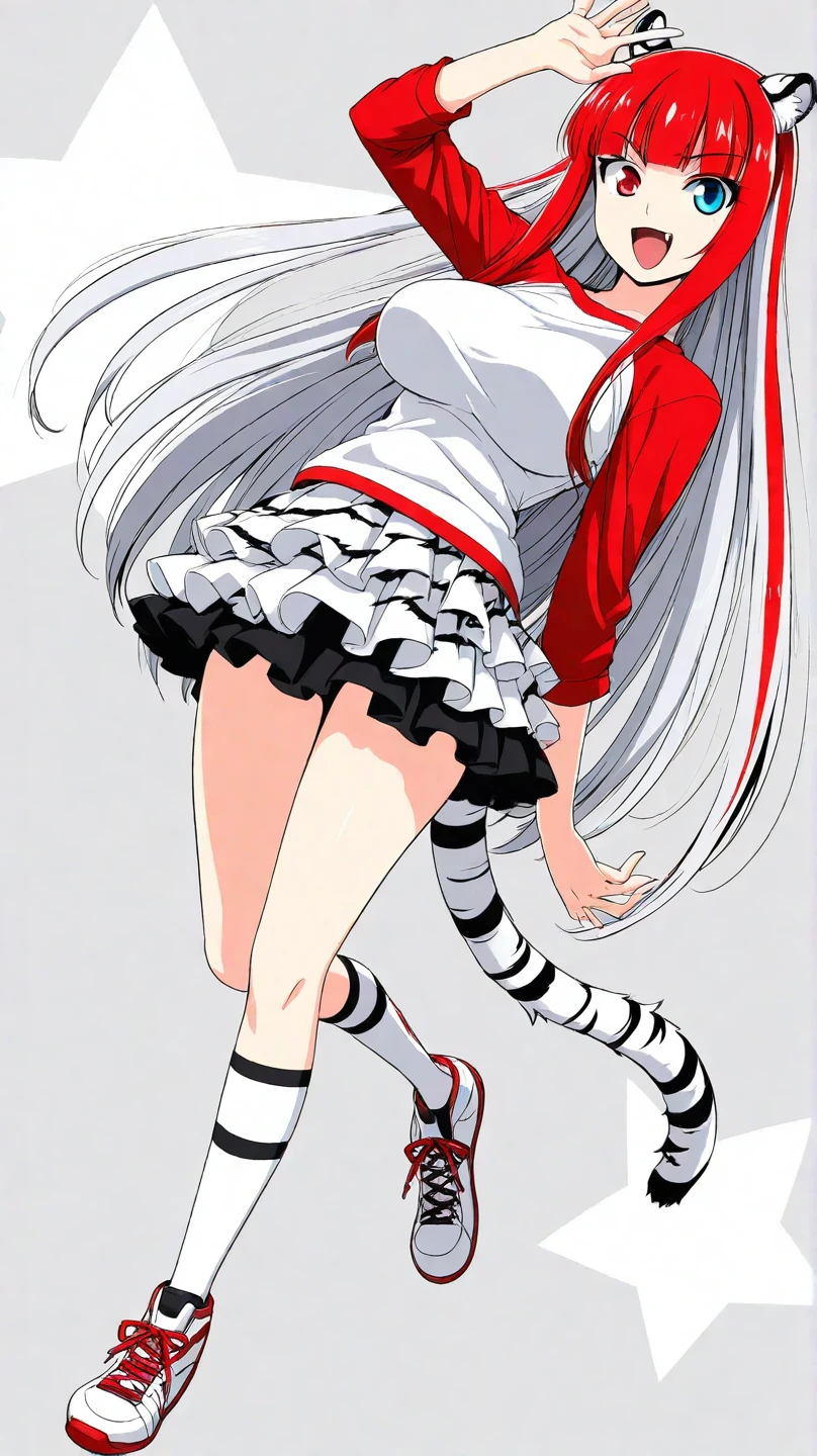 score_9, score_8_up, source_anime, CheshireMGE, two-tone hair, long hair, hair bow, cat paws, facial mark, striped tail, smile, open mouth, white hoodie, long sleeves, oversized hoodie, bottomless, thick thighs, v, simple background, white background,