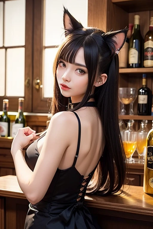 A realistic painting of a Japanese girl with medium-long black hair and a gold and black corset skirt on a terrace at night、8k、RAW Photos、highest quality、Real、Photorealistic、Professional Lighting、mix4、20d、Beautiful Teenage Woman、1 female、Big beautiful eyes、Larger breasts、whole body、Thin body type、Bold Pose、Sexy pose