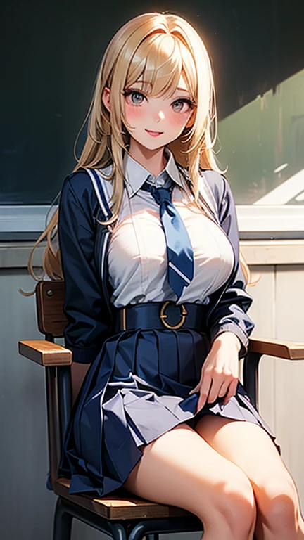 ((high school girl)),((school uniform)),((White blouse)),(((Pleated mini skirt))), ((A shy smile)),((Beautiful feet)),((Beautiful legs)),Ultra-high resolution, Mature Woman, Mature Woman, Very detailed, ((Big Breasts)), Perfect hands, Detailed fingers, Beautiful details, (((Sailor suit))),((Long blonde hair)),((ponytail)),Black choker, Earrings,loafers,(Black Pantyhose), (Black Stockings),Perfect Eyes, Seductive eyes, School classroom,Standing in front of the pulpit