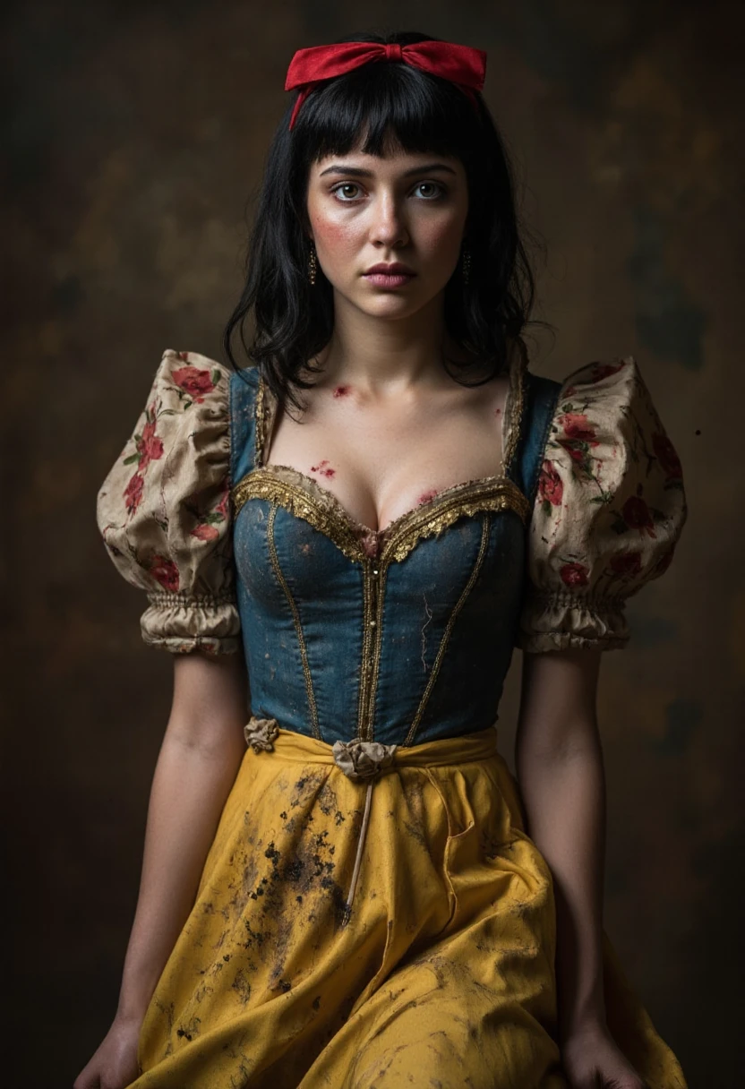 wetshirt, woman standing in a downpour, european village, dirndl dress, (by Steve McCurry, by Alessio Albi, by Lee Jeffries, by Herb Ritts, by Jeremy Mann:0.8), black hair, updo, close-up, leaning against wall, cobblestone, rain, street, bokeh, red ribbons, wetshirt,  