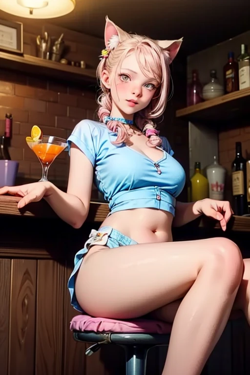 sfw, Bunny Girl, A girl, Tiffni blue hair, Tiffni blue hair, short hair, (with metallic rabbit ears headband: 1.2), full body, (delicate features: 1.5), wearing a dreamy surrealist created skirt, the color of the skirt is Tiffni blue and pink gradient, surrounded by pink marshmallow like coral, dancing above a few pink dotted with black butterflies, the overall environmental tone is Tiffni color, surrealist style, art photo, Wonderland, Tiffni's Dream, pastel dream, wearing bra,((skinny waist)), young asian girl, ((big breasted)),