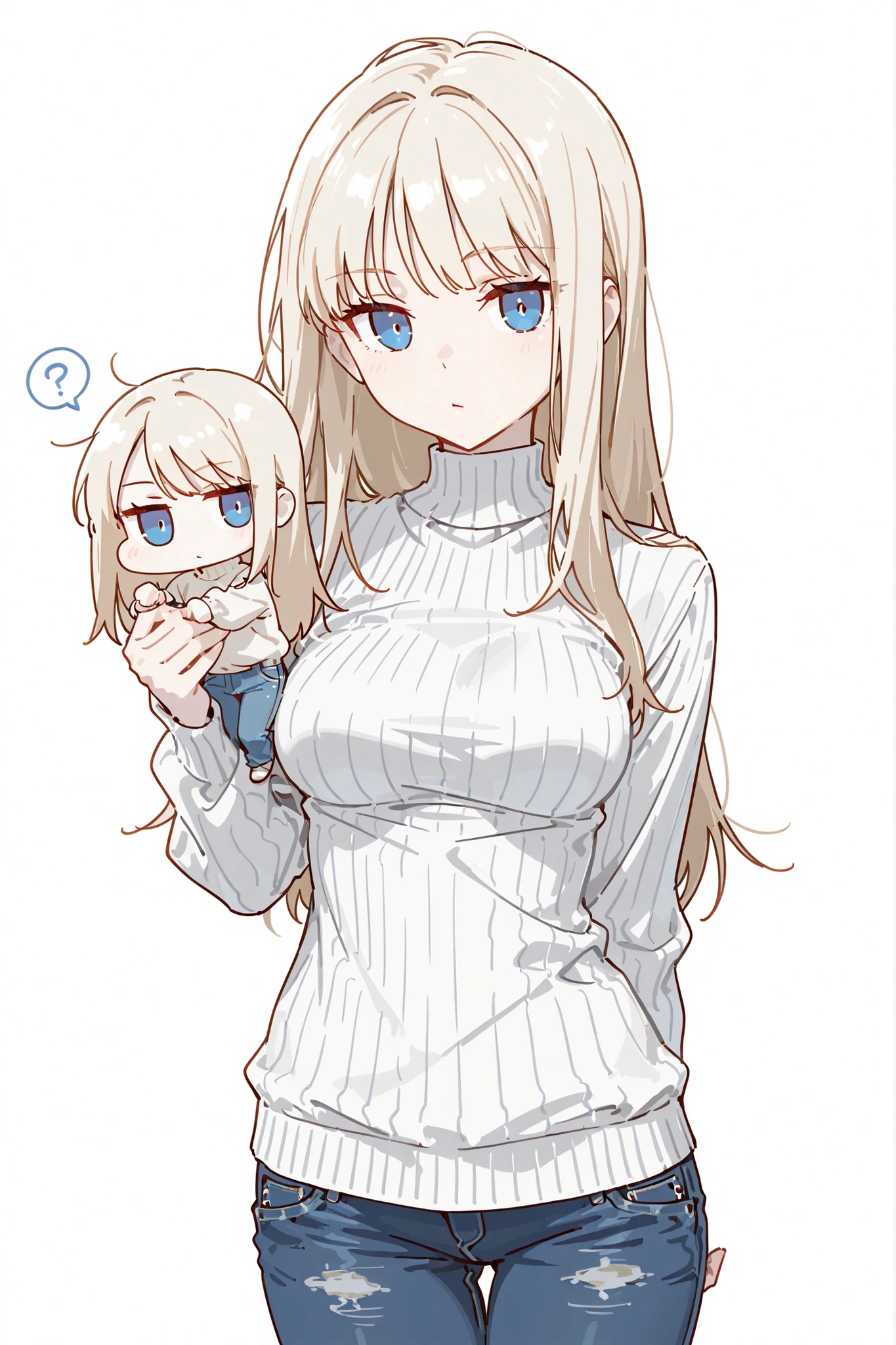 (chibi), high quality, detailed, white background, masterpiece, best quality, amazing quality, highres, BREAK 1girl, slavic woman, pale skin, medium breasts, slender, blue eyes, long messy blonde hair, apathetic expression, emotionless, wearing white sweater, jeans
