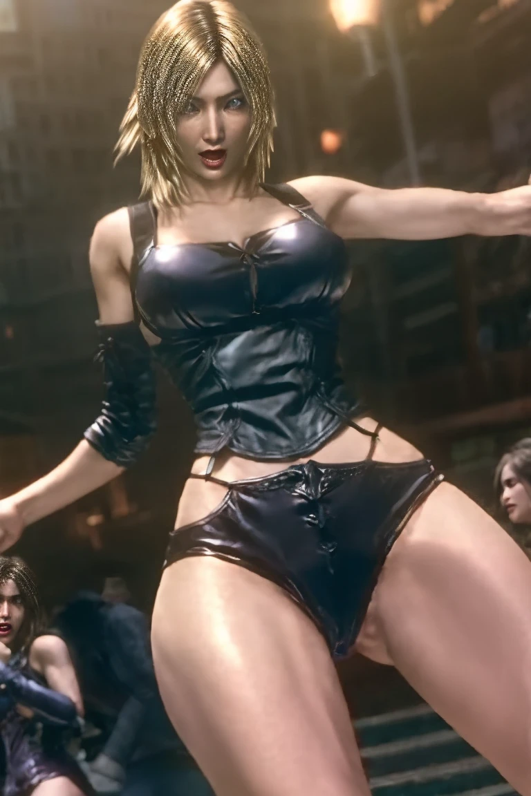 3girls, multiple girls, slender girls, GirlA, GirlB, girl next to girl, cowboy shot, from behind, ass, hugging, 
posing, happy smile, teeth, ((standing)), walking, stage, 
earrings, necklace, bracelet, lipstick, 
4k, masterpiece, top-quality, hi-Res, best quality, absurdres, highly detailed, 
BREAK, GirlA, young, doll face, 
pixie-cut, ears on view, round glasses, 
(huge breasts:1.2), symmetrical breasts, black leather bikini, black leather long gloves, black leather long boots, 