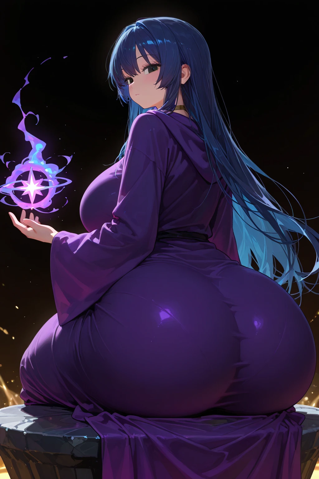 patchouli knowledge, 1girl,purple hair,purle eyes,long hair, mob cap,crescent hat ornament, ribbon,dress, ass, ass focus, large ass, looking back at viewer, curvy