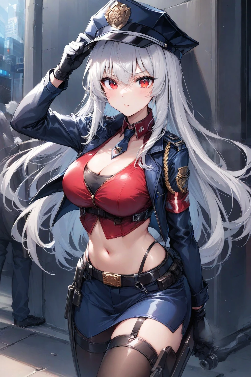 ((((masterpiece, best quality, high resolution)))), (1girl:1.5), ((long hair, silver hair, yellow eyes, sharp eyes)), (big breasts:1.2), blush, (cheeky smile, parted lips), glow, thighs, bare shoulders, collarbone, narrow waist, (slender body figure), (beautiful detailed face, beautiful detailed eyes), ((hair ornament, necklace, chest strap, jacket, coat on shoulders, cleavage, belt, leotard, black gloves, navel, open clothes, black pants, clothing cutout)), (sharp teeth), (standing up), looking at viewer
