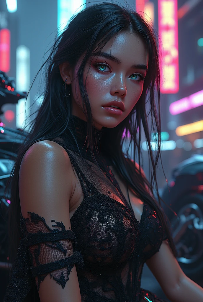 Beautiful sexy woman with vampire vibes long hair blue bright eyes on a dark street with light on the background sexy clothes very feminine background bokeh cinematic dark lighting 16k realistic and lot of detail
