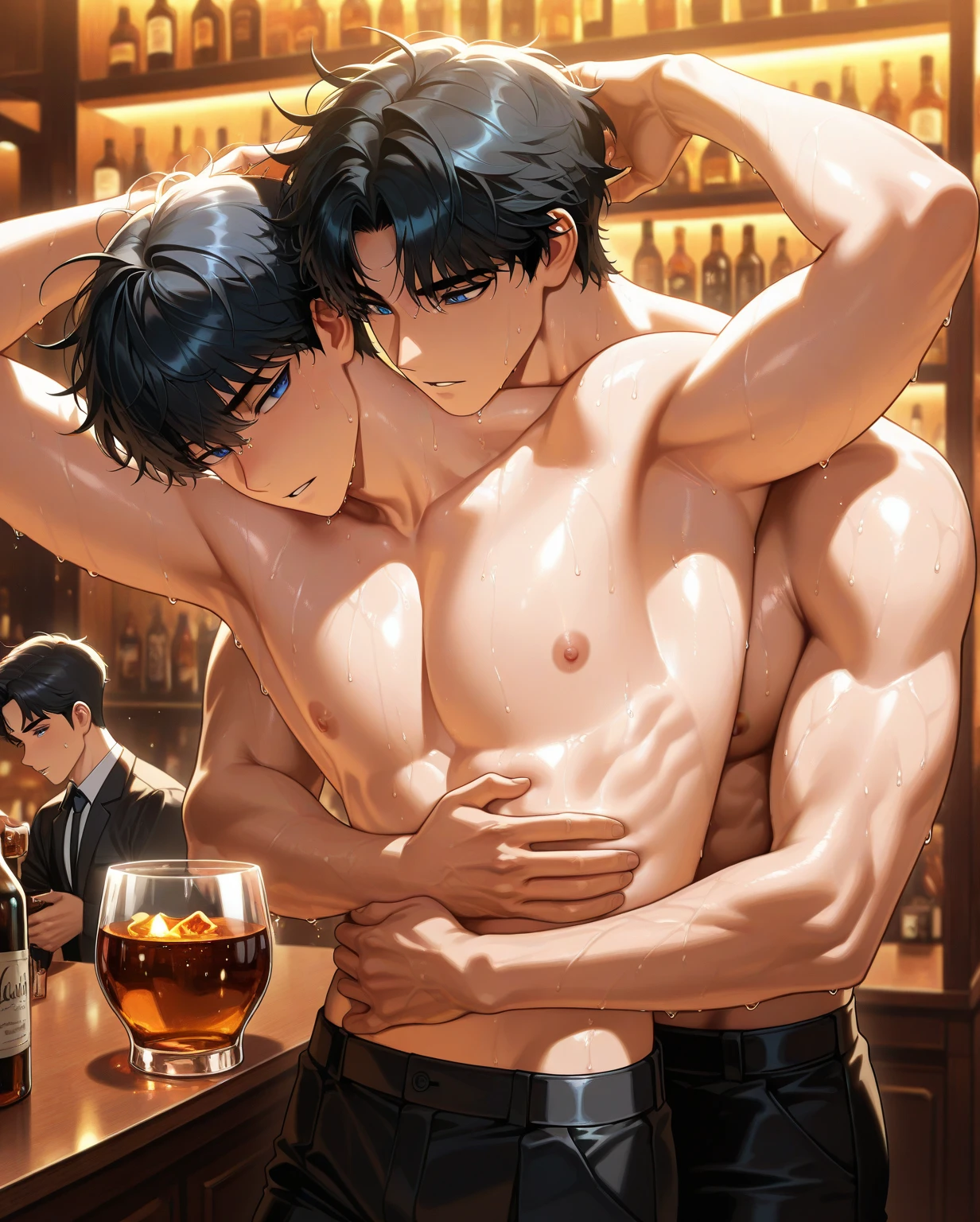 Asian boy , in a glittery thong , delicious back crack, on round chair ,