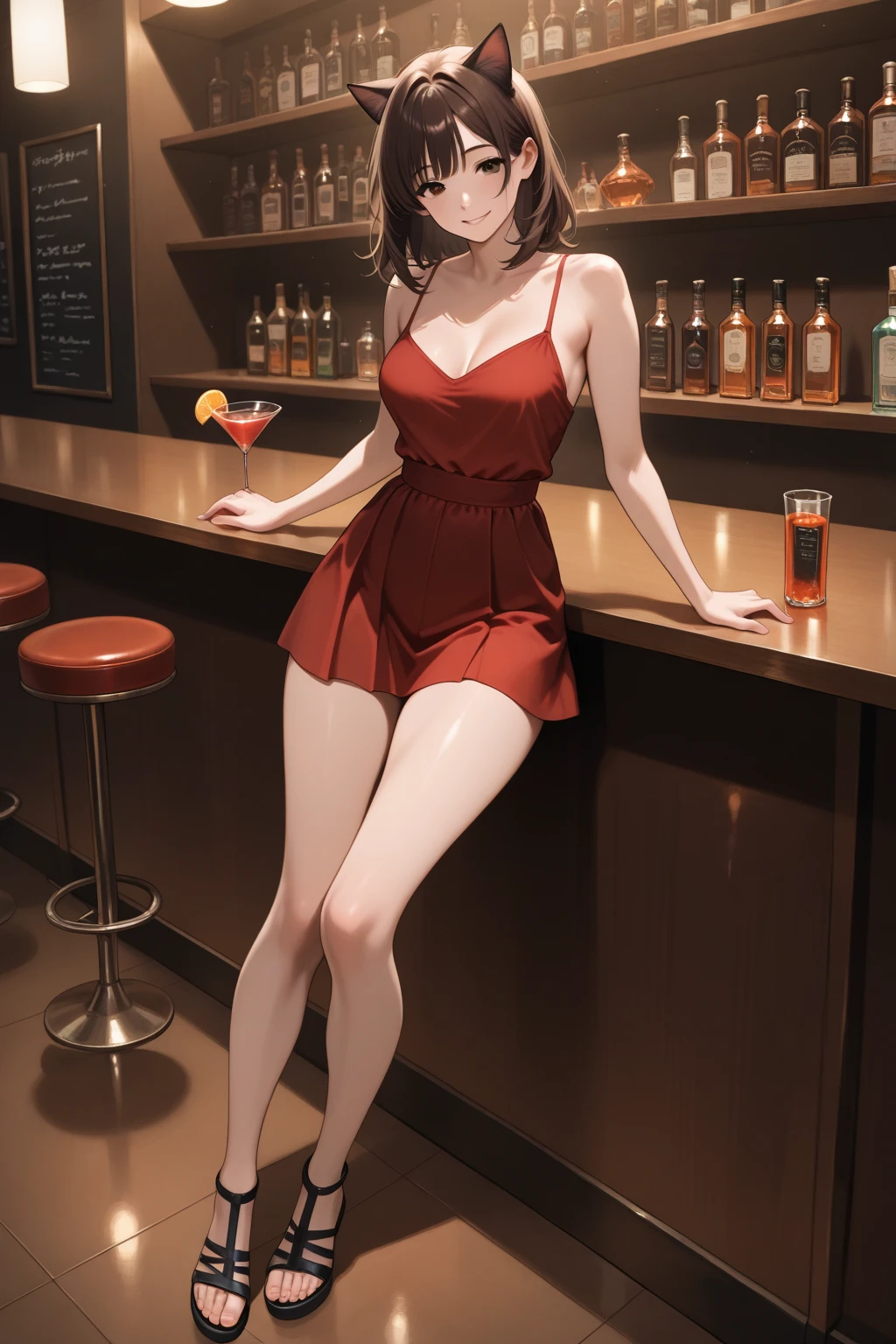 ((High Quality Image 10k)) (( perfect autonomy 10k)) Masterpiece, Charlie Emily, solo girl, white girl, human girl, cute face, happy, lovesick, brown long length hair, brown eyes, naked, medium sized breasts,skinny body, pubic hair, barefoot, big Feet, Charlie Emily Five Nights At Freddy's, Full body, Standing, in a restaurant, Charlie Emily, cuerpo completo, high resolusion
