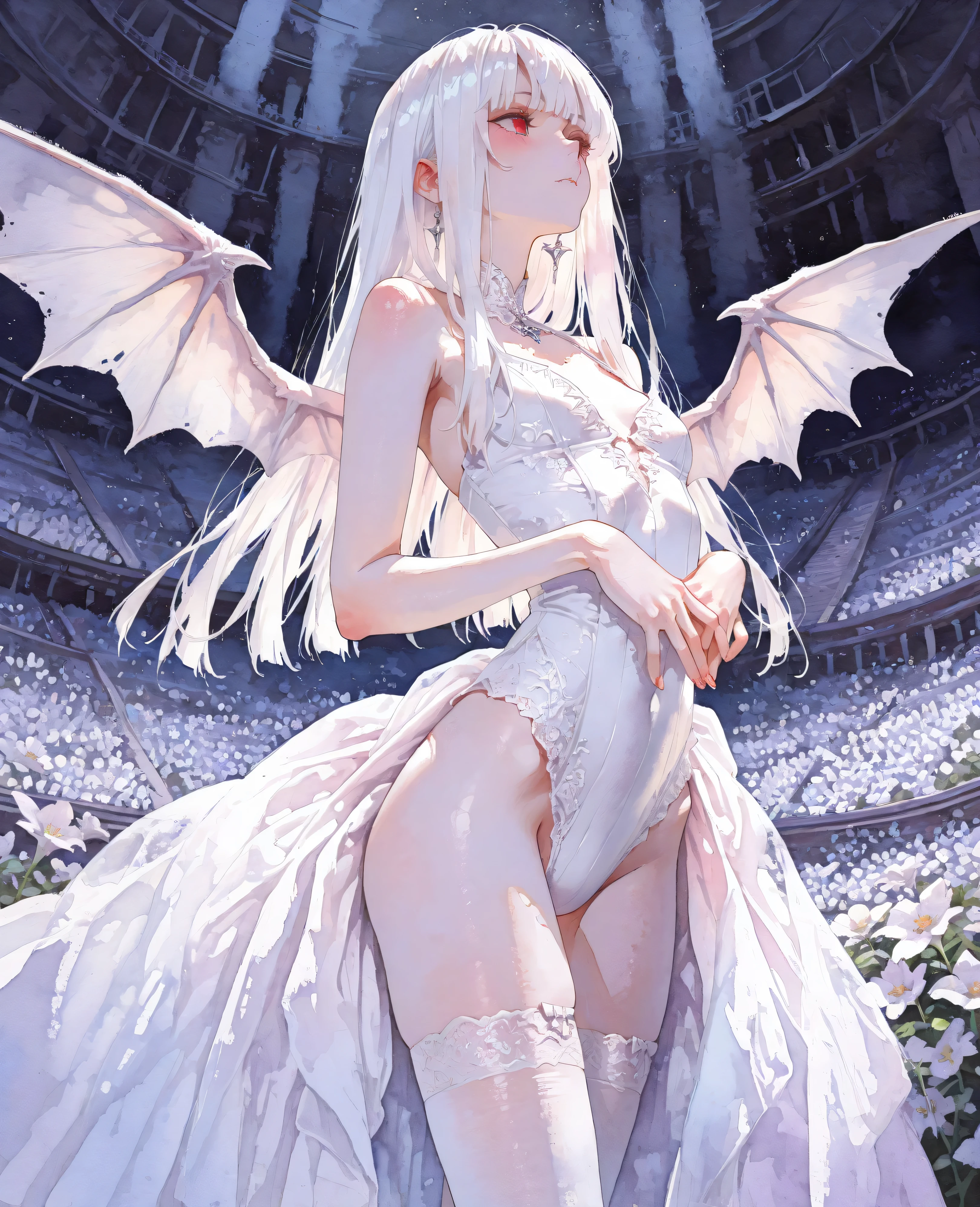 748cmstyle,69yottea_style_illu,masterpiece, best quality, very aesthetic, absurdres,amazing quality, very aesthetic, newest ,Hime cut ,
1girl, solo, Vampire Couple , This girl has white bat-like wings on her back, Tiny wings , White hair, Red eyes, A white princess dress, Hold the skirt with both hands , standing posture , white stockings , standing posture ,Front drawing ,Looking at the audience , Show the whole body , see from a distance , masterpiece , Show More, BREAK ,((slim body)), ((masterpiece)), big forhead, flower, (detailed cute anime face:1.34), (watercolor_(medium):1.28),