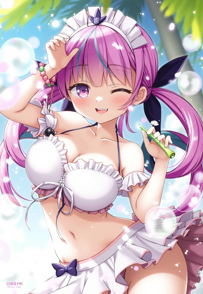 NIIGAKIHINA, PURPLE HAIR, TWO-TONE HAIR, SPLIT-COLOR HAIR, PINK HAIR, BLUNT BANGS, VERY LONG HAIR, PURPLE EYES, large breasts, live stage, solo, nipple, naked, crying, snow, Peeing, lactation, projectile lactation
