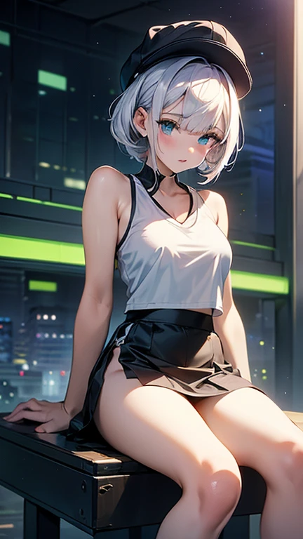 solo、1girl、full-body portraits、sleeveless、sitting down、White-colored skin,Large Breasts