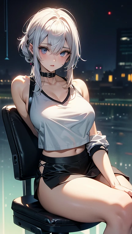 最high qualiy、best quality image、work of art、Kizi((18-years old、 Becoming、Better bust、medium bust,wide open breast tea、eerie glowing red eyes,silver hair、disheveled hair、long hair、fine tune,The highest valley、Open chest、Luminous bracelets、ha、hair ornamen、luminous necklace、Black sleeveless sweatshirt(1:2)、blue short skirt、Disheveled clofine tuneg、Show your whole body,Low - Angle、hacker type、perspiring、To attract、Cute black mask、Leaning against a wall、black scarf、Have a smartphone、rear view、Accentuate your ass、standing on all fours)),high qualiy、linda arte、fund((neon lig、Interior from neon to black))、Voo、flying debris、Written limit depth、film、visual arts、Perfect artwork、8K,genuine,