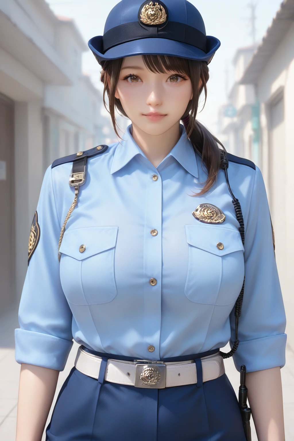 (1police woman), ultimate beautiful mature, hyperdetailed face, detailed eyes, Double eyelids, detail lips, short brunette hair, (Light blue fancy blouse), (black tight mini skirt), (big breasts), light-smile, thighs thighs thighs thighs, standing, ((cowboy shot)), depth of field, Perfect litthing, (Photorealsitic:1.4), (ultra-detailliert), (top-quality), (Best Shadows), (​masterpiece), Ultra High Resolution, Background with: (Tokyo city)、露出胸部、露出乳房、巨大的胸部，巨大的乳房、露出胸部、露出胸部、露出乳房
