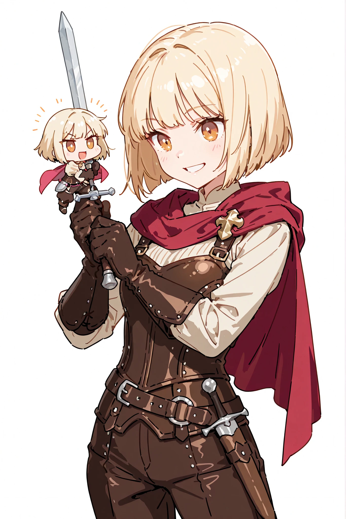 (chibi), high quality, detailed, white background, masterpiece, three-quarters shot, best quality, amazing quality, highres, BREAK, 1girl, sunkissed skin, slim, amber eyes, ruffled bob cut blonde hair, smiling, wielding shortsword, wearing rouge medieval leather hide armor, beige blouse, brown trousers, leather gloves, red cape