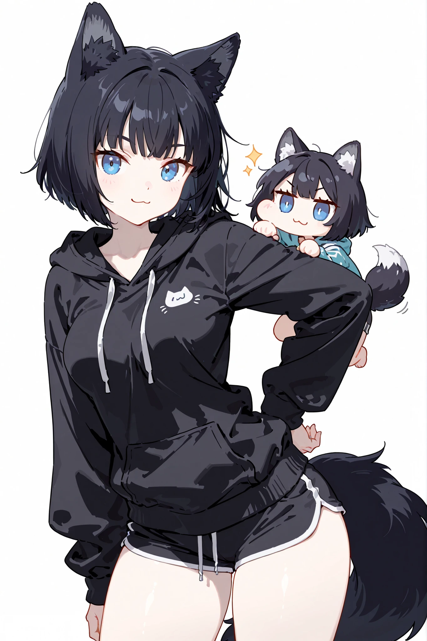 (chibi), high quality, detailed, white background, masterpiece, best quality, amazing quality, highres, BREAK, 1girl, pale skin, medium breasts, thick slim thighs, blue eyes, black wolf ears, black wolf tail, ruffled bob cut black hair, ":3" face, wearing hoodie and shorts