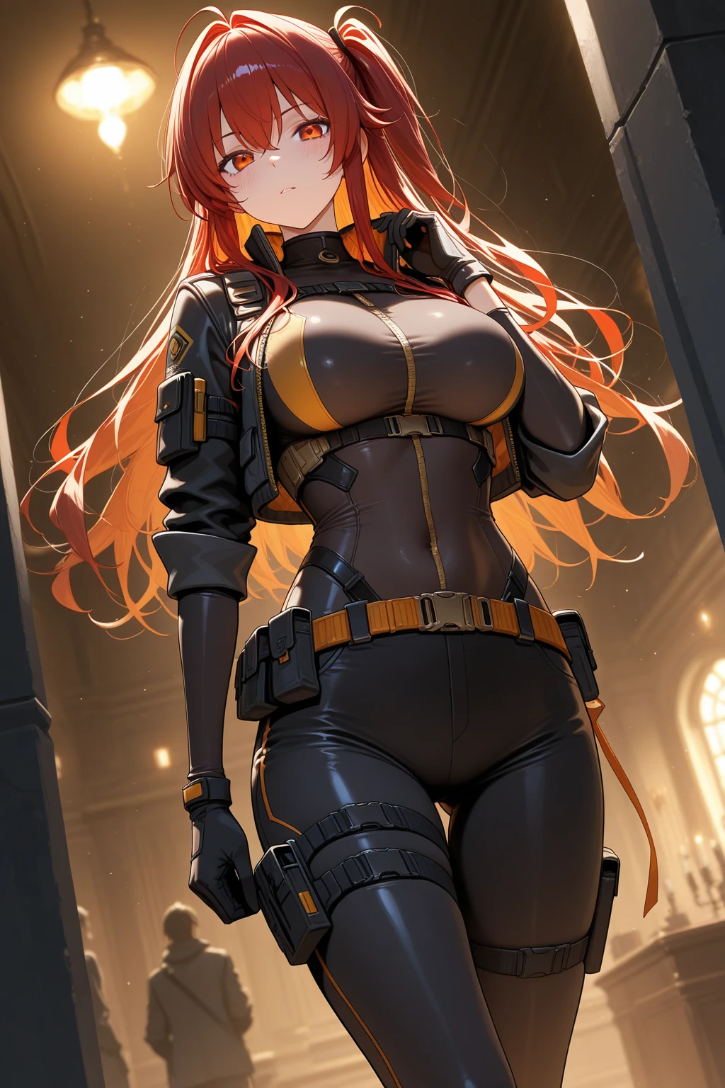 A girl, milf, older, dark orange hair, seductive look, builder clothes, cap, orange eyes
