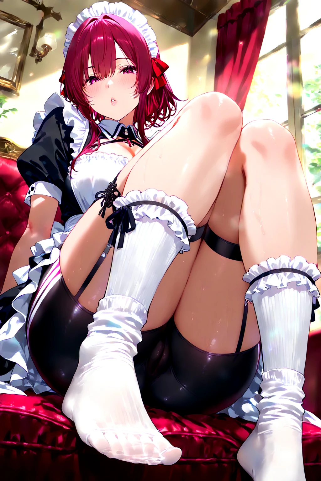 score_9, score_8_up, score_7_up, source_anime, rating_explicit, rating_safe, rating questionable, anime coloring, (anime cels style, high resolution, photorealistic), (super fine illustration:1.3), (best quality:1.2), (masterpiece:1.2), top-quality, delicate features, delicate skin, realism, beautiful lighting, 1girl, perfect face, perfect eyes, (symmetrical clear eyes:1.3), detailed hair, outfit perfect, beautiful breasts, perfect body, perfect anatomy, perfect chest, perfect hips, perfect legs and feet, perfect hands, perfect fingers, ((large breasts:0.7)), (small nipple:1.1), beautiful thigh, beautiful legs, curvy body, Attractive body, Voluptuous body, Attractive legs, ultra detailed eyes, Erotic, Pupils, sexy pose, dynamic pose, dynamic background, (shiny skin:1.2), ultra detailed clothing, pretty, cute, ((oily skin:1.3)), (Super oily and shiny skin with fine texture:1.1), beautiful oil-covered thighs, blush, happy, (light smile:1.4), open mouth, (orgasm), afterglow, (small labia majora:1.2), (small beautiful areola:1.3), (beautiful nipples:1.2), (perfect proportions), (sweat-soaked body), white panties, shiny body, BREAK, ((clothed)), ((invisible breasts)), ((covered breasts:1.5)), BREAK, ((indoors cafe)), Restaurant, sensual look, 1 cute girl, (close to viewer), cowboy shot, intricate, couple focus, ((1boy)), hetero, ((grabbing anothers hip)), (hip lift), (reverse suspended congress), spread legs, legs up, squirting, peeing, ((facing the front, straight-on:1.5)), BREAK, 1girl, double v, v sign, peace sign, (v over eye), blowing in the wind, flutter, looking at viewer, (from bellow), (from beside), dutch angle, more detail XL, absurdres, (skirt lift), panty shot, ((takami chika:1.2, love live!, orange hair, red eyes, short hair, ahoge, braid, hair ornament, yellow bow, cleavage, head dress, satin girly dress, glossy gothic dress, lace trim, frills, corset, detailed embroidery, miniskirt, thighhighs, zettai ryouiki)), lowleg panties, (full back panties:1.5),