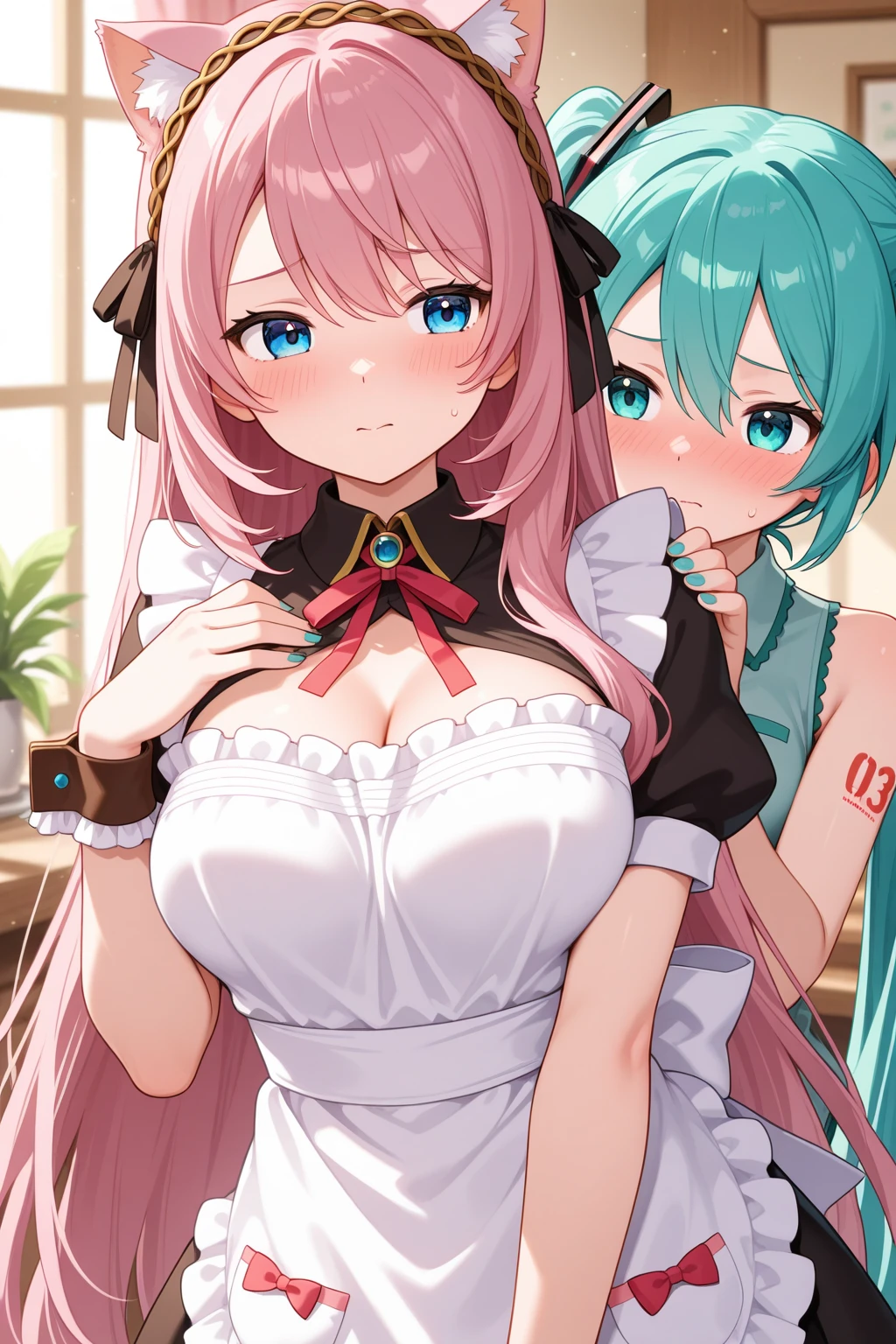 nffsw,Breasts squeezed together,Cooperative,breasts ,breast in 1,hetero,Striped panties,panties aside,((harems)),hetero,Green hair,Light blue hair,Pink Lolita Clothes,Striped socks,Striped panties,blushed face,Cat ears，Pink eyes，Smile with open mouth,Light blue Lolita,garter strap,Top image quality,Best Quality, nsfw