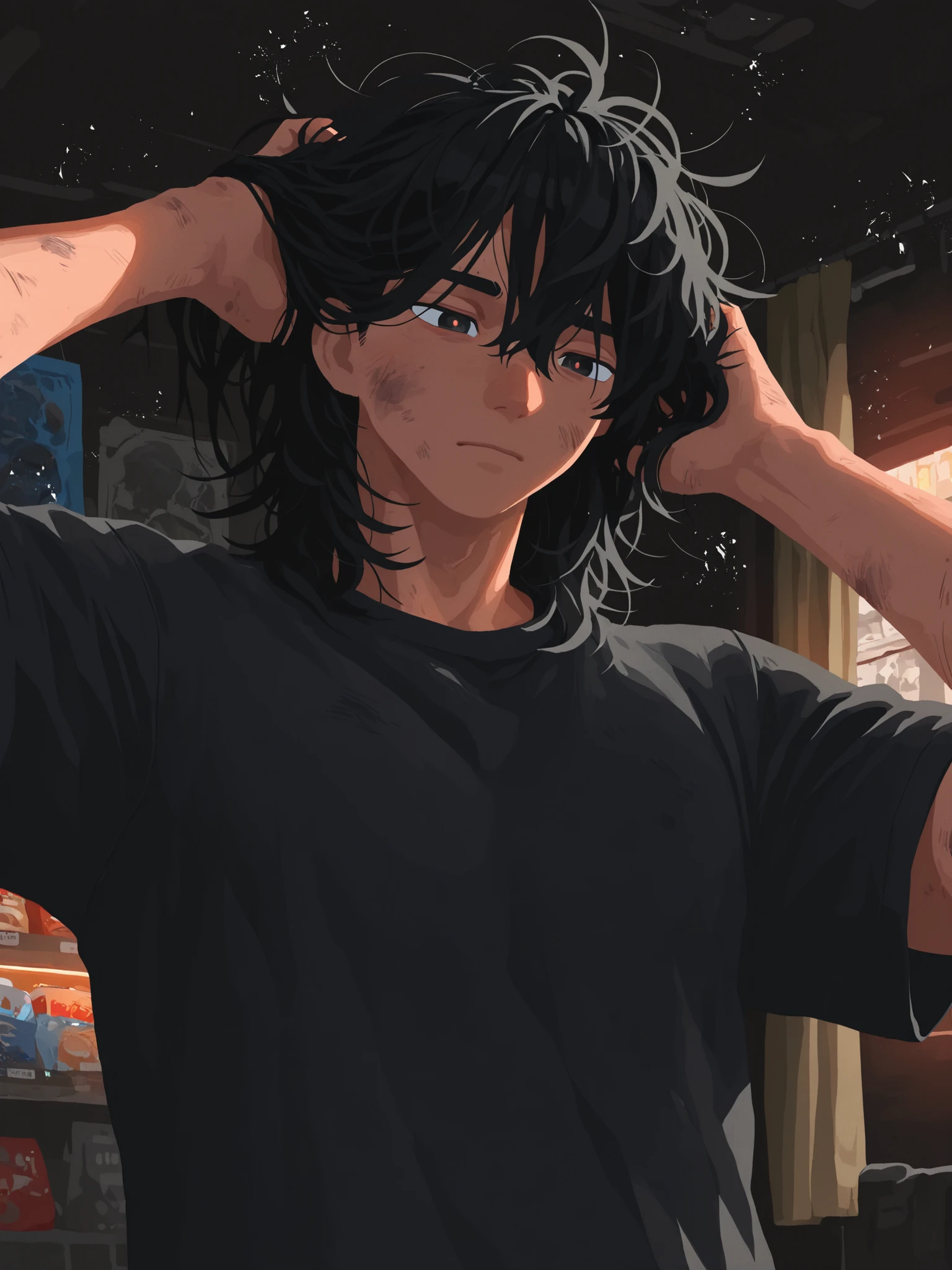 (body focus: 1.3), (close angle: 0.4), solo, (no lineart: 1.5), (pose: 1.3), fair skin, black shirt, dystopian, apocalypse, indoors, store, (male, man, masculine: 1.2), handsome, medium hair, black hair, messy hair, curtain bangs, middle part, ragged, (telekinesis, making objects levitate, levitating hair, undulating hair: 1.1), black eyes, blue pupils, glowing pupils, bruised, dirty, tattered, dark, dim, night