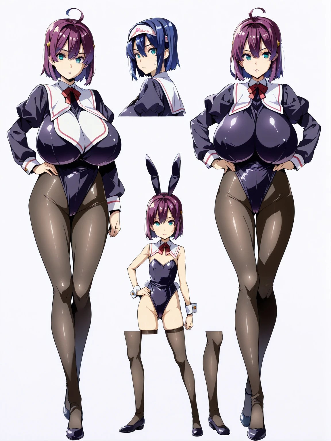 3 girls, variety of hairstyles, high fantasy costume, ((white background)), full body, multiple views, succubus,  thong, shrug, leotard, cleavage, short tie, hair over one eye, forehead,