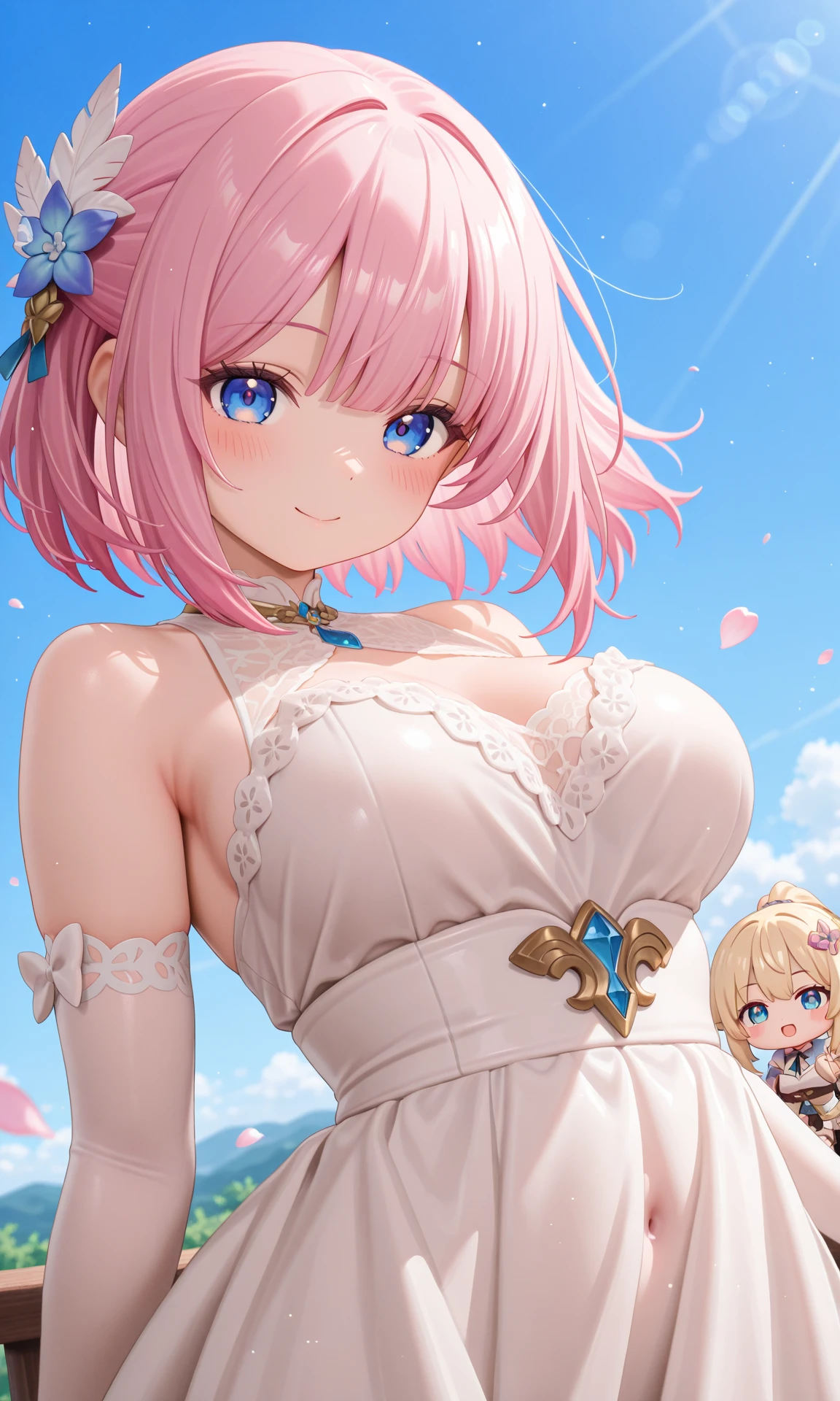 ((pretty Costumes)), ((Silver Skirt)), skinny, solo, 1 woman, Masterpiece, highest quality, highest quality, 16K, incredibly absurd, highly detailed, 2.5D, delicate and dynamic, very delicate facial expressions, delicate eye depiction, erotic, only sexy woman, healthy figure, 25-year-old woman, bride, 160cm tall, medium firm swaying bust, (short hair), (pink hair:1.5), bob cut, black eye, smile, ((thin thighs)), (visible nipples:0.7), (camel toe:0.3), ((shiny and lustrous)), facing straight at viewer, (standing), sexy pose, Bright outdoor park during daytime, cowboy shot, (arms behind back),