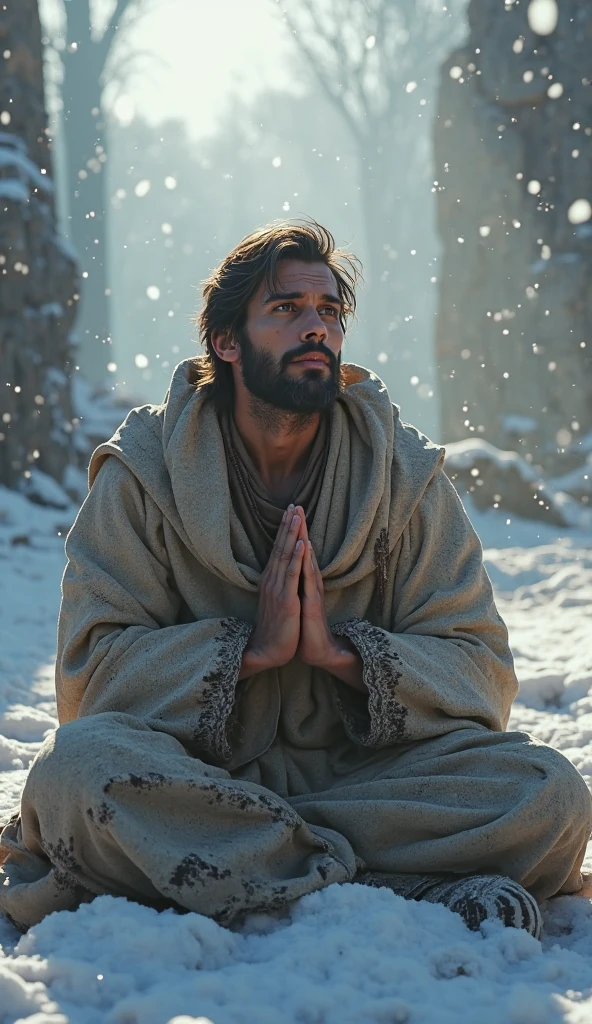 Ancient Israel、Biblical times、1st century、Biblical Stories、((Thin old man with severe skin diseases))、((Look up at the sky and pray))、Upper body naked、Wasteland、Suffering face,、8K、Raw photography、top-quality、masterpiece:1.5、ultra-lightweighthigh-resolution、Photorealsitic:1.5、ciinematic light、soft volumetric lighting:1.5、realisitic、Photorealsitic:1、Detailed skin、profetional lighting、a picture、foco nítido、detaileds、profetional lighting、photon maping、detailed and intricate environment、ighly detailed、top-quality、Artistic photography、photorrealistic concept art、soft natural volumetric cinematic perfect light、Midjourney、Detailed hand、
