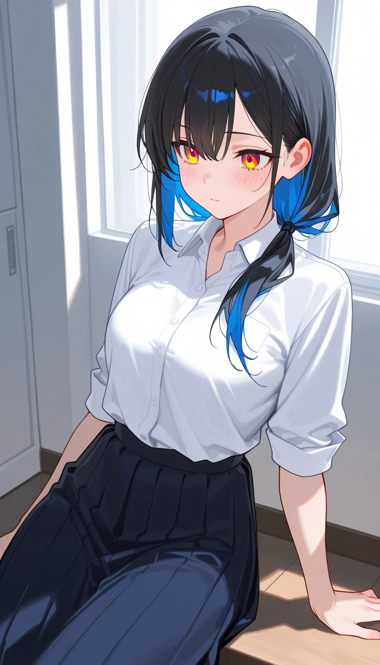 ((masterpiece)),(best quality),(detailed),(1girl), blue hair, blue glowing eyes, Updo, white shirt, black skirt, looking down on the viewer