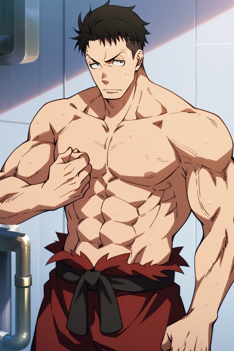 Yuji Itadori from Jujutsu Kaisen, wearing black swimsuit, open his arms, slightly muscular, defined body, shirtless, abs, big legs
