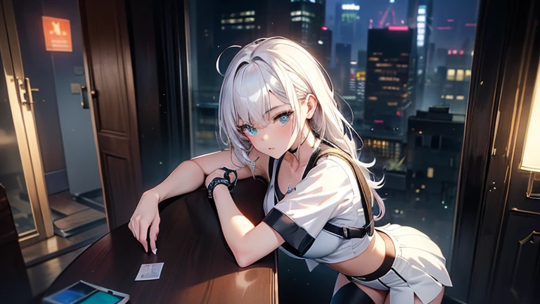 Ultra-high resolution, 8K, (Official Art, beautifully、mysterious:1.2), Anime Art Wallpaper, Works by Makoto Xin Haicheng, Lofi Art Style, Lo-fi feel, Perfect human body composition, Anatomically correct limbs, Structurally correct fingers, Impressive eyes, Oversized hoodie and short skirt, Shiny long black hair, Larger than average bust, Girl listening to music with headphones, Looking out the window, City Room, A room for music lovers, city view from the window, Impressive cityscape, Bright Sky, meteor, Wide angle, Before dusk