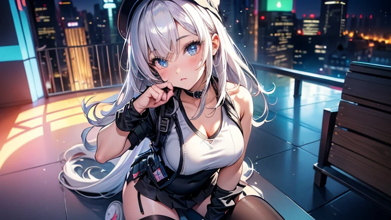 最high quality、Best image quality、masterpiece、girl((18-year-old、 By becoming、Best Bust、Medium Bust,Wide open breast tea、Red glowing eyes,Silver Hair、Disheveled Hair、Long Hair、thin,The highest valley、Open chest、Luminous Wristbands、hat、hair ornaments、luminous necklace、Black sleeveless hoodie(1:2)、Blue short skirt、Disheveled clothing、Show the whole body,Low - Angle、Hacker-like、sweating、lure、Black cute mask、Leaning against a wall、Black scarf、Have a smartphone、Back view、Accentuate your butt、On all fours)),high quality、Beautiful art、background((Neon Light、Neon interior at night))、Flight、Flying debris、Written boundary depth、movie、Visual Arts、Perfect art、8K,Genuine,